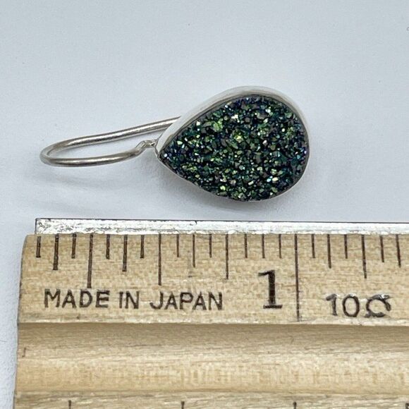 Green Drusy Sterling Silver Earrings Pear Shaped Drop Peacock Himalayan Gems - Picture 6 of 6